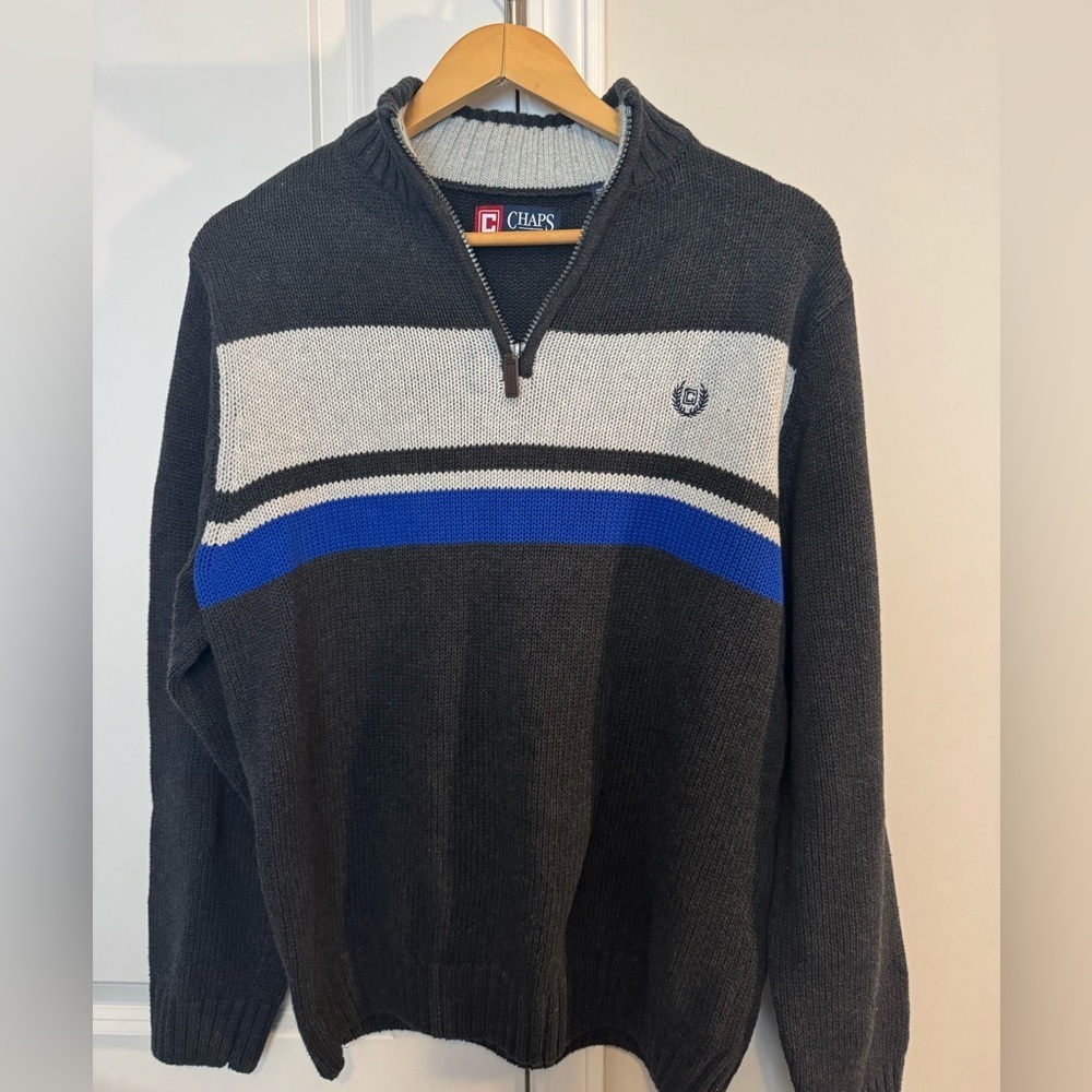 Chaps Men's Black Sweater with Blue and White Stripes